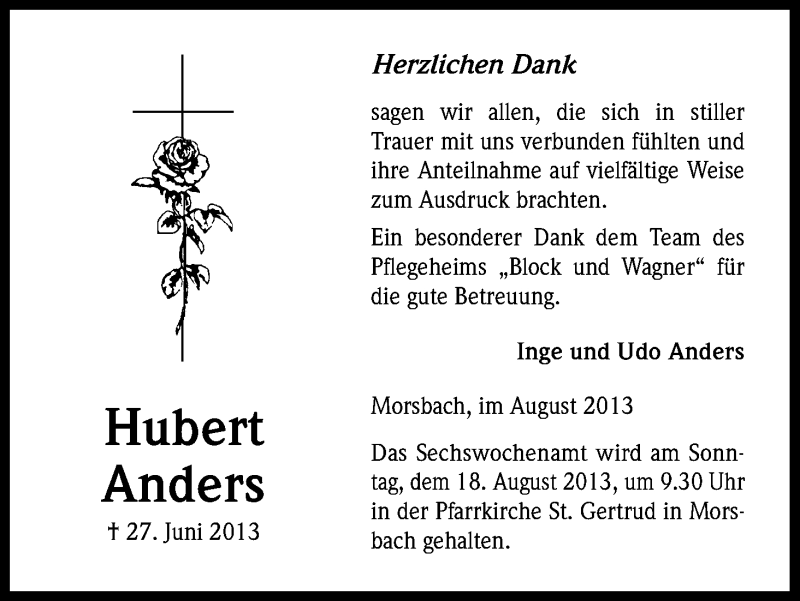  Traueranzeige für Hubert Anders vom 10.08.2013 aus Kölner Stadt-Anzeiger / Kölnische Rundschau / Express