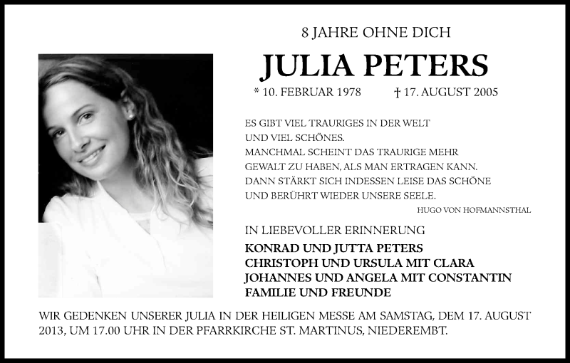  Traueranzeige für Julia Peters vom 17.08.2013 aus Kölner Stadt-Anzeiger / Kölnische Rundschau / Express