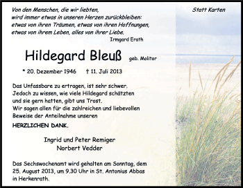 Anzeige von Hildegard Bleuß von Kölner Stadt-Anzeiger / Kölnische Rundschau / Express
