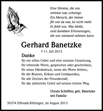 Anzeige von Gerhard Banetzke von Kölner Stadt-Anzeiger / Kölnische Rundschau / Express