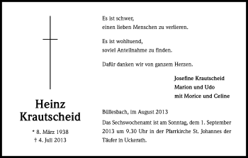Anzeige von Heinz Krautscheid von Kölner Stadt-Anzeiger / Kölnische Rundschau / Express