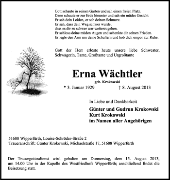 Anzeige von Erna Wächtler von Kölner Stadt-Anzeiger / Kölnische Rundschau / Express