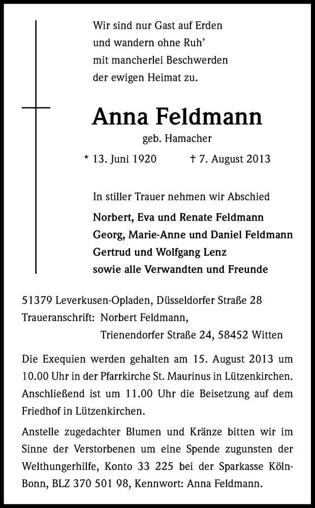  Traueranzeige für Anna Feldmann vom 12.08.2013 aus Kölner Stadt-Anzeiger / Kölnische Rundschau / Express