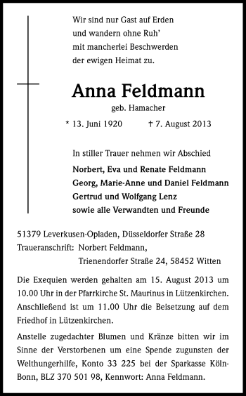 Anzeige von Anna Feldmann von Kölner Stadt-Anzeiger / Kölnische Rundschau / Express