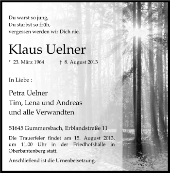 Anzeige von Klaus Uelner von Kölner Stadt-Anzeiger / Kölnische Rundschau / Express