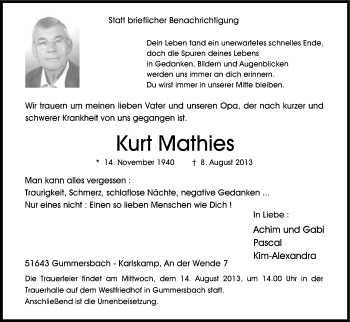 Anzeige von Kurt Mathies von Kölner Stadt-Anzeiger / Kölnische Rundschau / Express