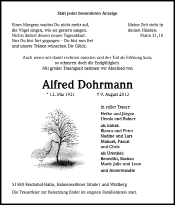 Anzeige von Alfred Dohrmann von Kölner Stadt-Anzeiger / Kölnische Rundschau / Express