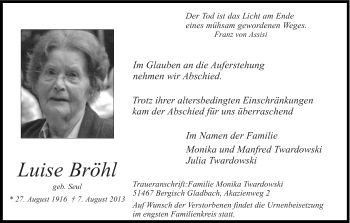 Anzeige von Luise Bröhl von Kölner Stadt-Anzeiger / Kölnische Rundschau / Express