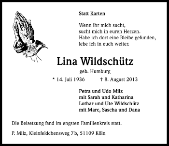 Anzeige von Lina Wildschütz von Kölner Stadt-Anzeiger / Kölnische Rundschau / Express