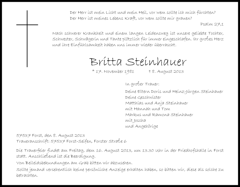  Traueranzeige für Britta Steinhauer vom 13.08.2013 aus Kölner Stadt-Anzeiger / Kölnische Rundschau / Express