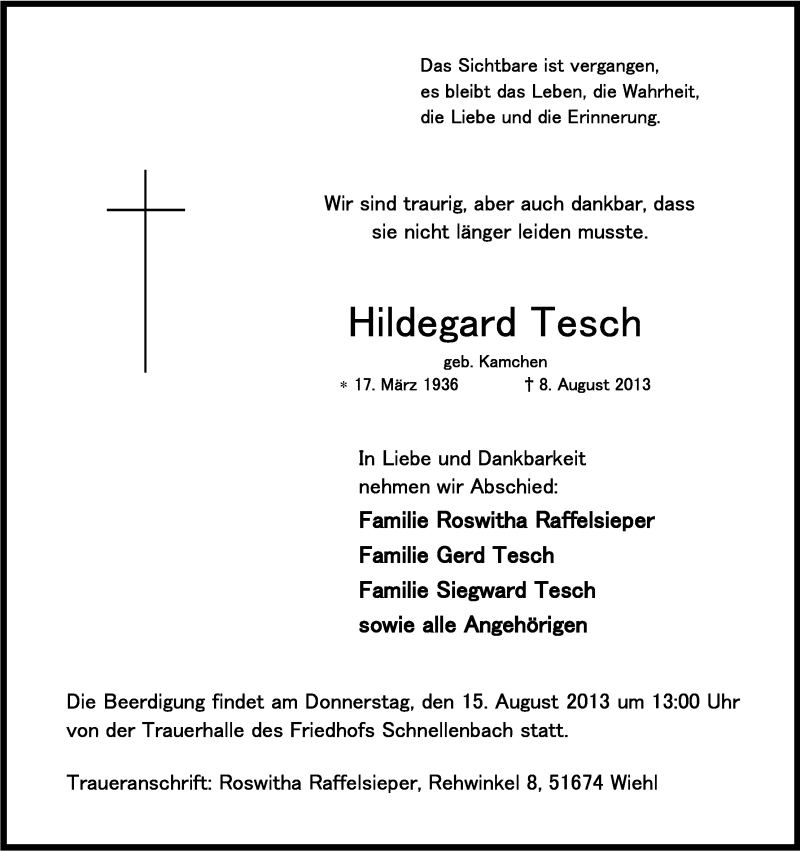  Traueranzeige für Hildegard Tesch vom 13.08.2013 aus Kölner Stadt-Anzeiger / Kölnische Rundschau / Express