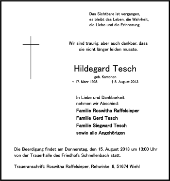 Anzeige von Hildegard Tesch von Kölner Stadt-Anzeiger / Kölnische Rundschau / Express