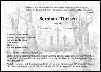 Anzeige von Bernhard Theisen von Kölner Stadt-Anzeiger / Kölnische Rundschau / Express