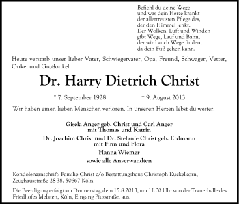 Anzeige von Harry Dietrich Christ von Kölner Stadt-Anzeiger / Kölnische Rundschau / Express