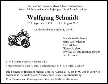 Anzeige von Wolfgang Schmidt von Kölner Stadt-Anzeiger / Kölnische Rundschau / Express