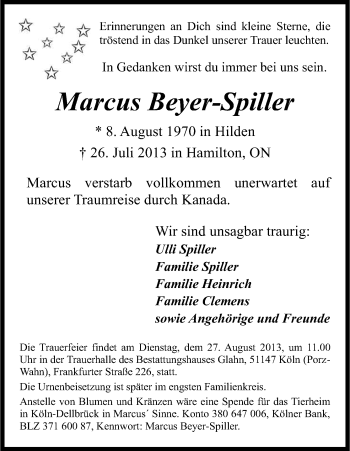 Anzeige von Marcus Beyer-Spiller von Kölner Stadt-Anzeiger / Kölnische Rundschau / Express