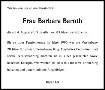 Anzeige von Barbara Baroth von Kölner Stadt-Anzeiger / Kölnische Rundschau / Express