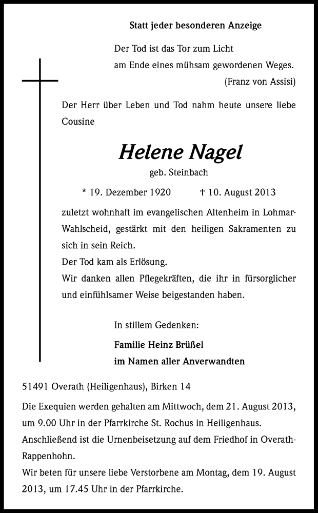  Traueranzeige für Helene Nagel vom 14.08.2013 aus Kölner Stadt-Anzeiger / Kölnische Rundschau / Express