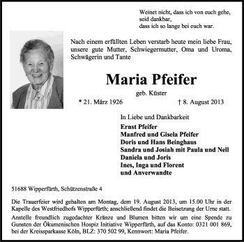 Anzeige von Maria Pfeifer von Kölner Stadt-Anzeiger / Kölnische Rundschau / Express