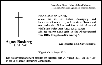 Anzeige von Agnes Boxberg von Kölner Stadt-Anzeiger / Kölnische Rundschau / Express
