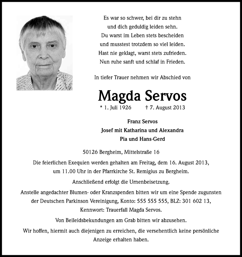  Traueranzeige für Magda Servos vom 14.08.2013 aus Kölner Stadt-Anzeiger / Kölnische Rundschau / Express