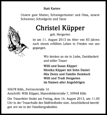 Anzeige von Christel Küpper von Kölner Stadt-Anzeiger / Kölnische Rundschau / Express