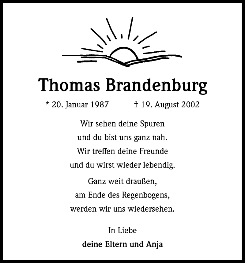  Traueranzeige für Thomas Brandenburg vom 19.08.2013 aus Kölner Stadt-Anzeiger / Kölnische Rundschau / Express