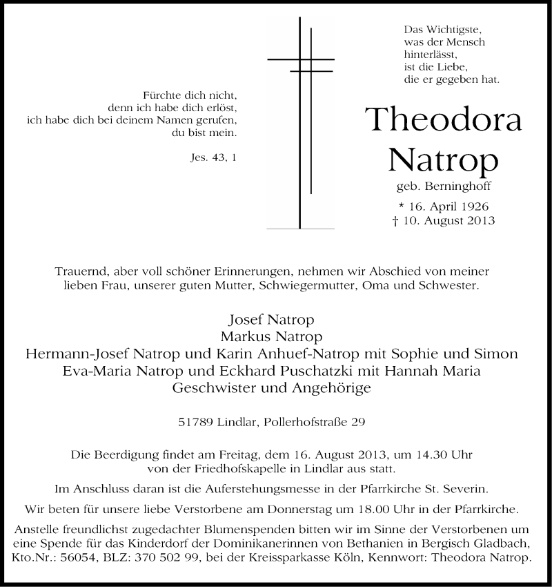  Traueranzeige für Theodora Natrop vom 13.08.2013 aus Kölner Stadt-Anzeiger / Kölnische Rundschau / Express
