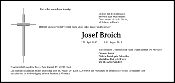 Anzeige von Josef Broich von Kölner Stadt-Anzeiger / Kölnische Rundschau / Express