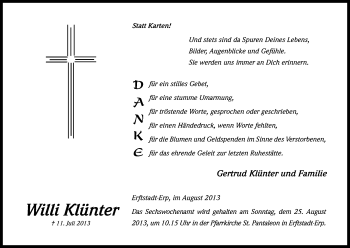 Anzeige von Willi Klünter von Kölner Stadt-Anzeiger / Kölnische Rundschau / Express