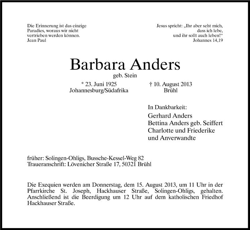  Traueranzeige für Barbara Anders vom 13.08.2013 aus Kölner Stadt-Anzeiger / Kölnische Rundschau / Express