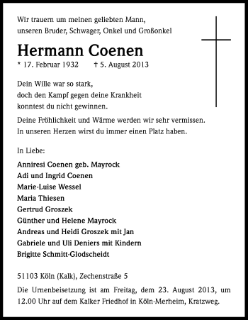 Anzeige von Hermann Coenen von Kölner Stadt-Anzeiger / Kölnische Rundschau / Express