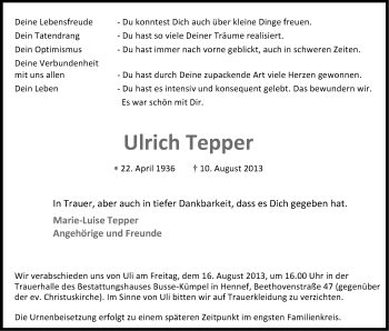 Anzeige von Ulrich Tepper von Kölner Stadt-Anzeiger / Kölnische Rundschau / Express