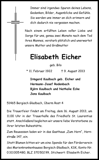 Anzeige von Elisabeth Eicher von Kölner Stadt-Anzeiger / Kölnische Rundschau / Express