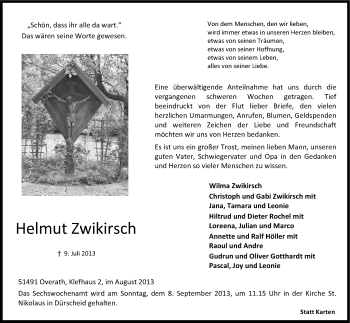 Anzeige von Helmut Zwikirsch von Kölner Stadt-Anzeiger / Kölnische Rundschau / Express