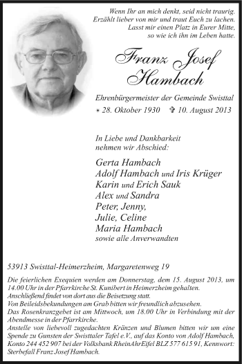 Anzeige von Franz Josef Hambach von Kölner Stadt-Anzeiger / Kölnische Rundschau / Express