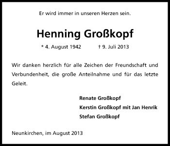 Anzeige von Henning Großkopf von Kölner Stadt-Anzeiger / Kölnische Rundschau / Express