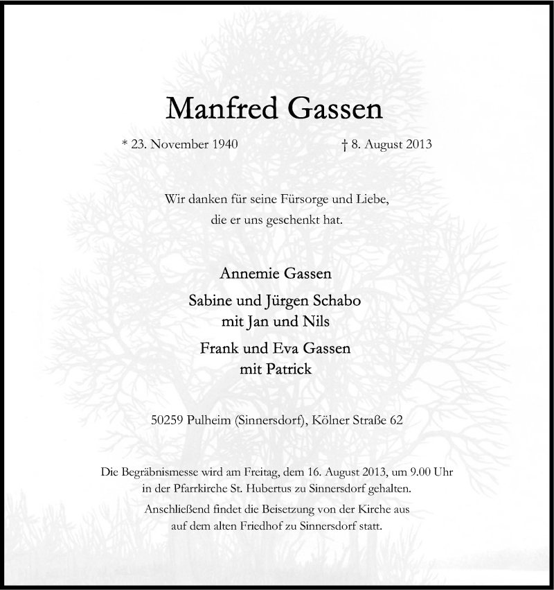  Traueranzeige für Manfred Gassen vom 14.08.2013 aus Kölner Stadt-Anzeiger / Kölnische Rundschau / Express