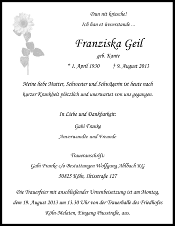 Anzeige von Franziska Geil von Kölner Stadt-Anzeiger / Kölnische Rundschau / Express