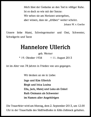 Anzeige von Hannelore Ullerich von Kölner Stadt-Anzeiger / Kölnische Rundschau / Express