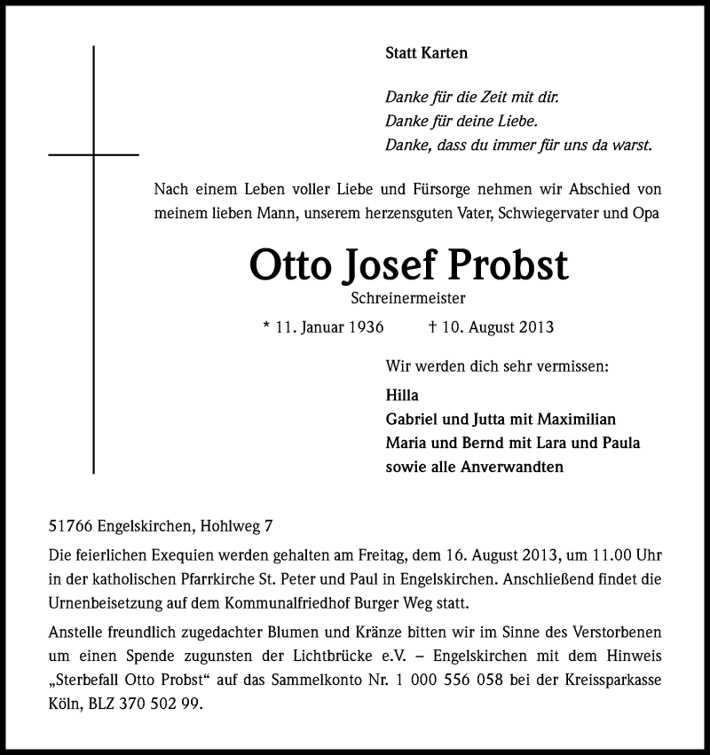  Traueranzeige für Otto Josef Probst vom 14.08.2013 aus Kölner Stadt-Anzeiger / Kölnische Rundschau / Express