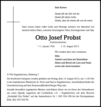 Anzeige von Otto Josef Probst von Kölner Stadt-Anzeiger / Kölnische Rundschau / Express