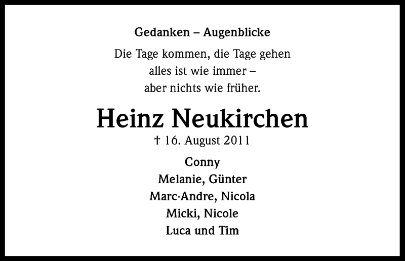  Traueranzeige für Heinz Neukirchen vom 16.08.2013 aus Kölner Stadt-Anzeiger / Kölnische Rundschau / Express