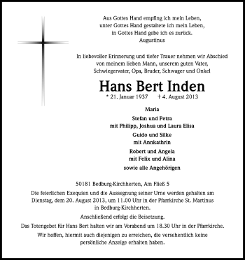 Anzeige von Hans Bert Inden von Kölner Stadt-Anzeiger / Kölnische Rundschau / Express