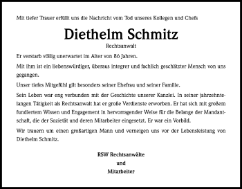 Anzeige von Diethelm Schmitz von Kölner Stadt-Anzeiger / Kölnische Rundschau / Express