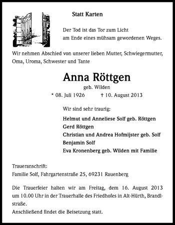 Anzeige von Anna Röttgen von Kölner Stadt-Anzeiger / Kölnische Rundschau / Express