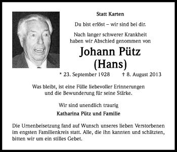 Anzeige von Johann Pütz von Kölner Stadt-Anzeiger / Kölnische Rundschau / Express