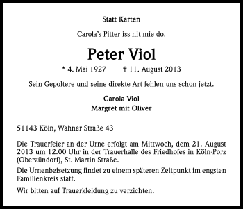 Anzeige von Peter Viol von Kölner Stadt-Anzeiger / Kölnische Rundschau / Express