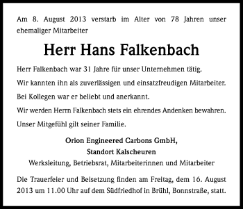 Anzeige von Hans Falkenbach von Kölner Stadt-Anzeiger / Kölnische Rundschau / Express