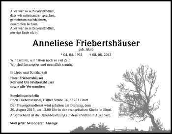 Anzeige von Anneliese Friebertshäuser von Kölner Stadt-Anzeiger / Kölnische Rundschau / Express